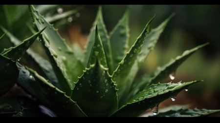 Closeup of aloe tropical plant leaves with rain drops. Green natural backdrop. Generative AI.の素材