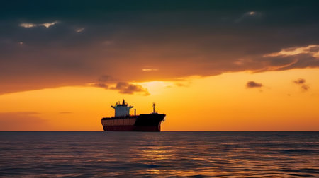 Low angle view on huge fuel tanker ship in the sea on sunset. Generative AI.の素材