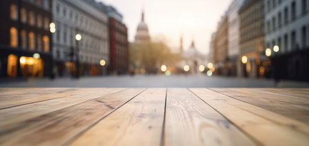 Wood table mockup with London city street in shallow depth of field. Copy space for product. Generative AI.の素材