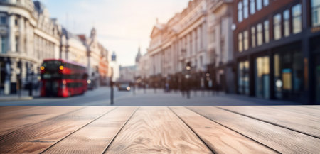 Wood table mockup with London city street in shallow depth of field. Copy space for product. Generative AI.の素材