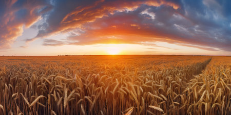 Panoramic view on field of golden ripe wheat on sunset. Generative AI.の素材