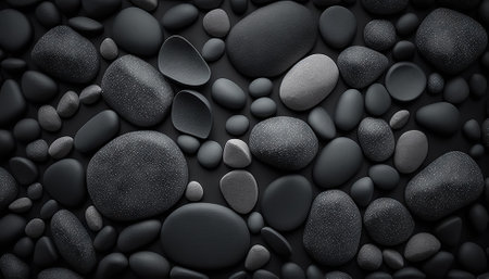 Black pebble stones texture. Dark natural rock backdrop. Generative AI.の素材