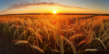 Panoramic view on field of golden ripe wheat on sunset. Generative AI.の素材