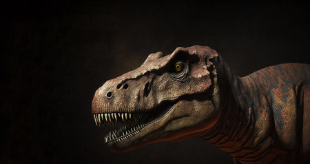 Closeup on head with sharp teeth of carnivorous dinosaur Tyrannosaurus . Prehistoric predator. Generative AI.の素材