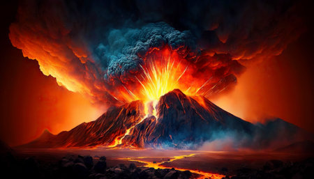 Volcano eruption. Lava flow down the slopes. Smoke rises in night sky. Generative AI.の素材