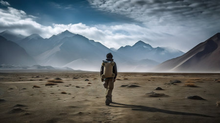 Explorer stand in front of high mountain peak landscape. Generative AI.の素材