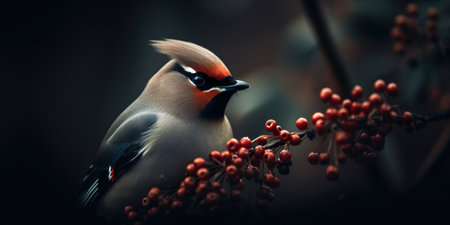 A Bohemian Waxwing bird stands on a tree branch. Generative AI.の素材