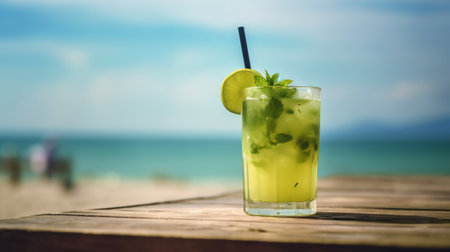 Classic Mojito cocktail on background with blue sea and sky tropical background. Generative AI.の素材
