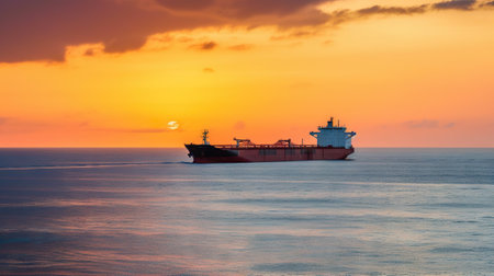 Low angle view on huge fuel tanker ship in the sea on sunset. Generative AI.の素材