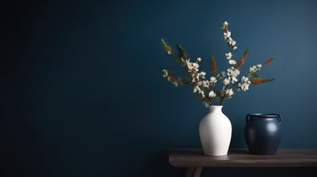 Vase with decorative plant branch against dark blue wall background. Minimalist interior mockup. Generative AI.の素材
