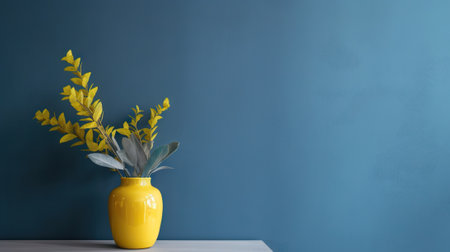 Vase with decorative plant branch against blue wall background. Minimalist interior mockup. Generative AI.の素材