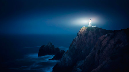 Lighthouse on a cliff edge in stormy and misty weather. Night landscape. Generative AI.の素材