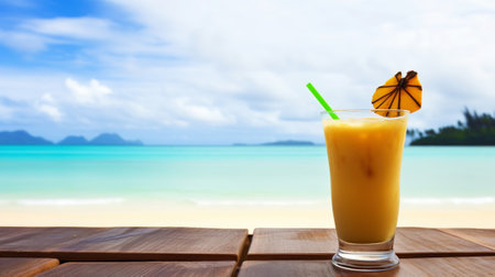 Dirty Banana cocktail on background with blue sea and sky tropical background. Generative AI.の素材