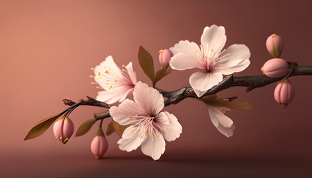 Close up of sakura flowers branch on a sunny day. Cherry blossom flowers. Generative AI.の素材
