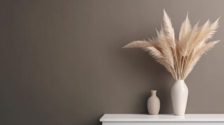 Vase with decorative plant branch against gray wall background. Minimalist interior mockup. Generative AI.の素材