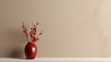 Vase with decorative dry plant branch against beige wall background. Minimalist interior mockup. Generative AI.の素材