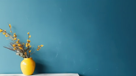 Vase with decorative plant branch against blue wall background. Minimalist interior mockup. Generative AI.の素材