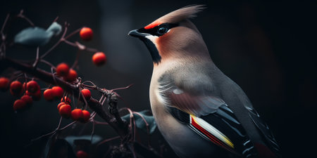 A Bohemian Waxwing bird stands on a tree branch. Generative AI.の素材