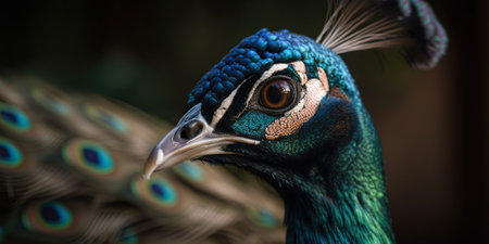 Close up photo of Peacock bird on forest background. Generative AI.の素材