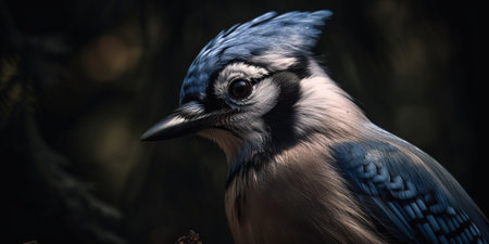 Blue Jay bird closeup with forest background. Generative AI.の素材