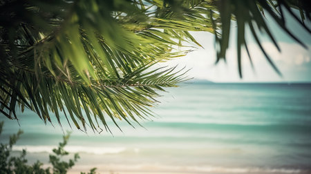 Tropical summer seascape with palm leaves, beach and paradise ocean. Vacation and travel backdrop. Generative AI.の素材