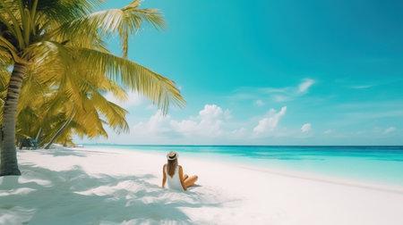 Woman relaxing on tropical beach against paradise ocean. Summer seascape with palm leaves. Generative AI.の素材