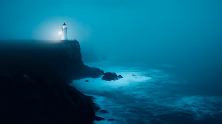 Lighthouse on a cliff edge in stormy and misty weather. Night landscape. Generative AI.の素材