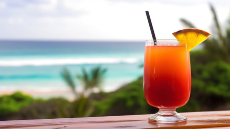 Pain Killer cocktail on background with blue sea and sky tropical background. Generative AI.の素材