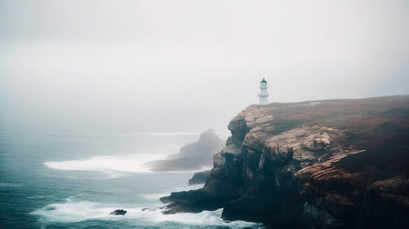 Lighthouse on a cliff edge in stormy and misty weather. Generative AI.の素材