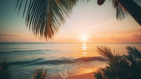 Tropical summer seascape with palm leaves, beach and paradise ocean on sunset. Generative AI.の素材