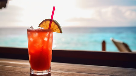 Rum Runner cocktail on background with blue sea and sky tropical background. Generative AI.の素材