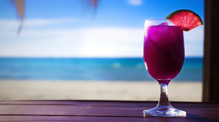 Purple Haze cocktail on background with blue sea and sky tropical background. Generative AI.の素材