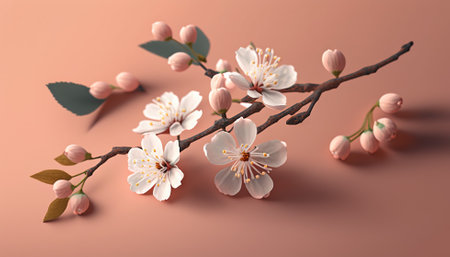 Close up of sakura flowers branch on a sunny day. Cherry blossom flowers. Generative AI.の素材