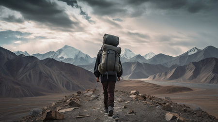 Explorer stand in front of high mountain peak landscape. Generative AI.の素材