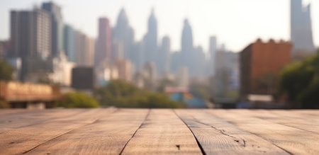 Wood table mockup with Mumbai city street in shallow depth of field. Copy space for product. Generative AI.の素材