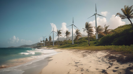 Windmill farm on the tropical ocean shore, windmills on a sunny day. Generative AI.の素材