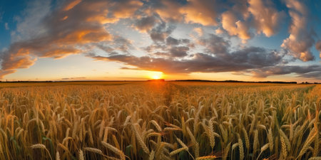 Panoramic view on field of golden ripe wheat on sunset. Generative AI.の素材