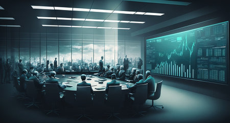 Sleek, modern conference room filled with bankers and financial experts. Generative AI.の素材