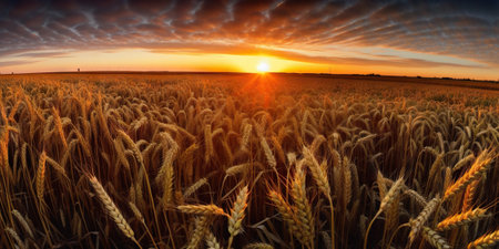 Panoramic view on field of golden ripe wheat on sunset. Generative AI.の素材
