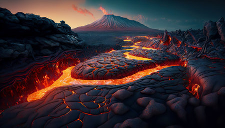 Lava filed in front of volcano eruption. Lava flow down the slopes. Smoke rises in night sky. Generative AI.の素材