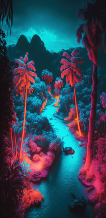 Tropical jungle in vibrant gradient neon colors. Synthwave rain forest. Generative AI.の素材