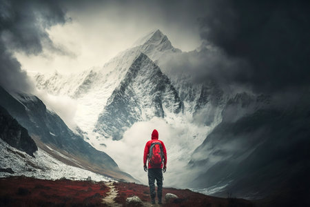Explorer stand in front of high mountain peak landscape. Generative AI.の素材