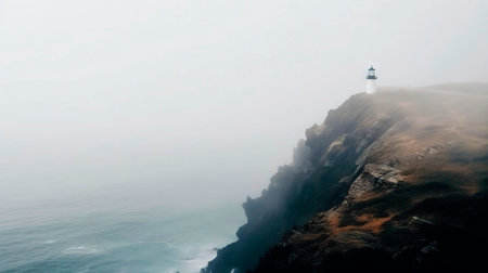 Lighthouse on a cliff edge in stormy and misty weather. Generative AI.の素材