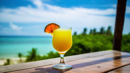 Bumble Bee Shot cocktail on background with blue sea and sky tropical background. Generative AI.の素材
