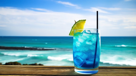 Blue Hawaiian cocktail on background with blue sea and sky tropical background. Generative AI.の素材