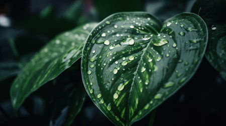 Closeup of Dumb cane tropical plant leaves with rain drops. Green natural backdrop. Generative AI.の素材