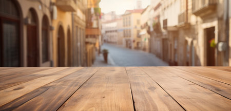 Wood table mockup with Medina city street in shallow depth of field. Copy space for product. Generative AI.の素材