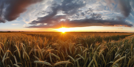 Panoramic view on field of golden ripe wheat on sunset. Generative AI.の素材