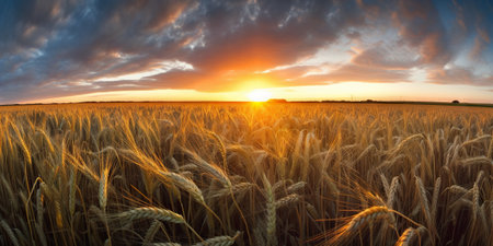 Panoramic view on field of golden ripe wheat on sunset. Generative AI.の素材