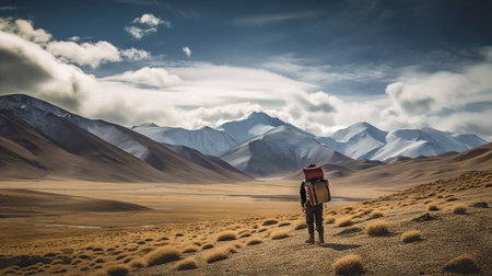 Explorer stand in front of high mountain peak landscape. Generative AI.の素材
